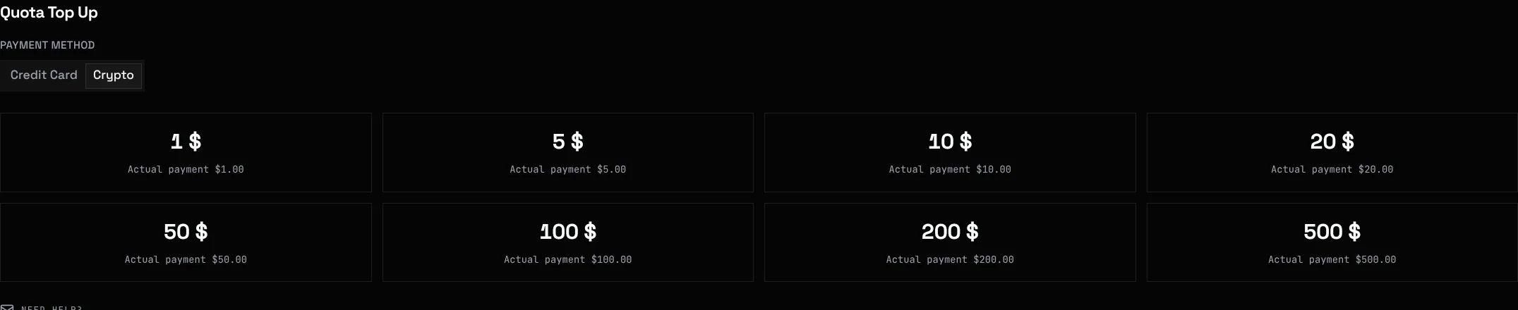 Top-up options on the Billing page