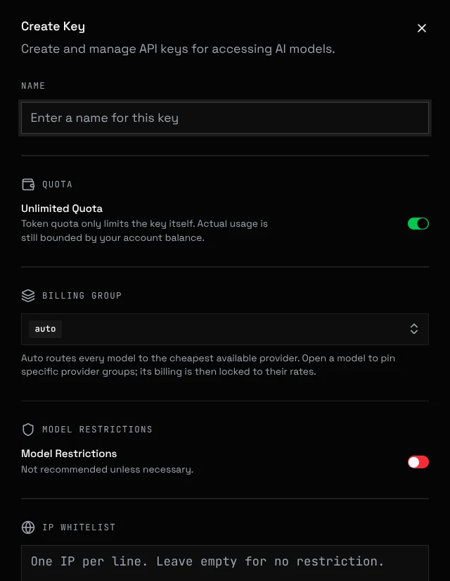Create Key dialog on the Tokens page